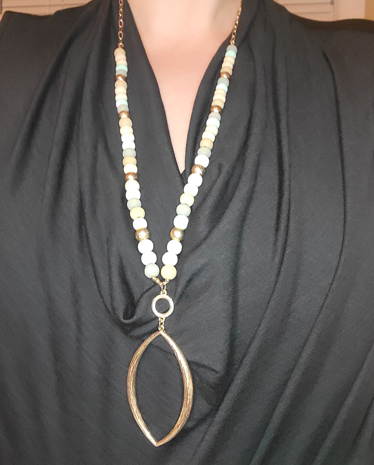 Reagan Wood Bead and Gold Pendant Necklace