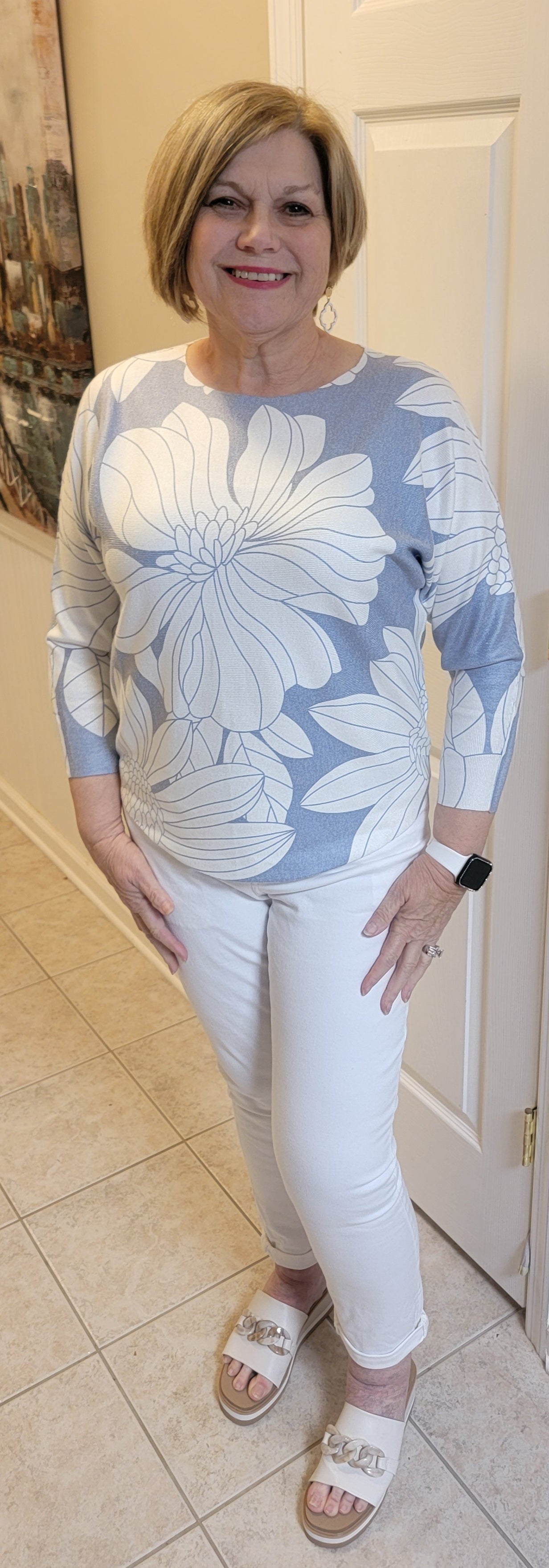 Beth Blue Sweater with White Flower