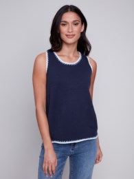 Annie Navy Crew Neck Cami with Crochet Edges