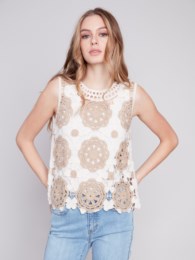 Chai Sleeveless Floral Pattern Crochet Top, Sand