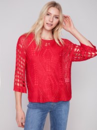 Christa Cherry Red Boat Neck Crochet Dolman Sweater