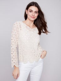 Dacey Solid Notch Neck Long Sleeve Crochet Top,Natural