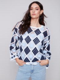 Edda Crochet Long Sleeve Boat Neck Top, Navy