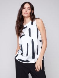 Emery Sleeveless Top with Rib Crewneck, White with Black Brushstrokes