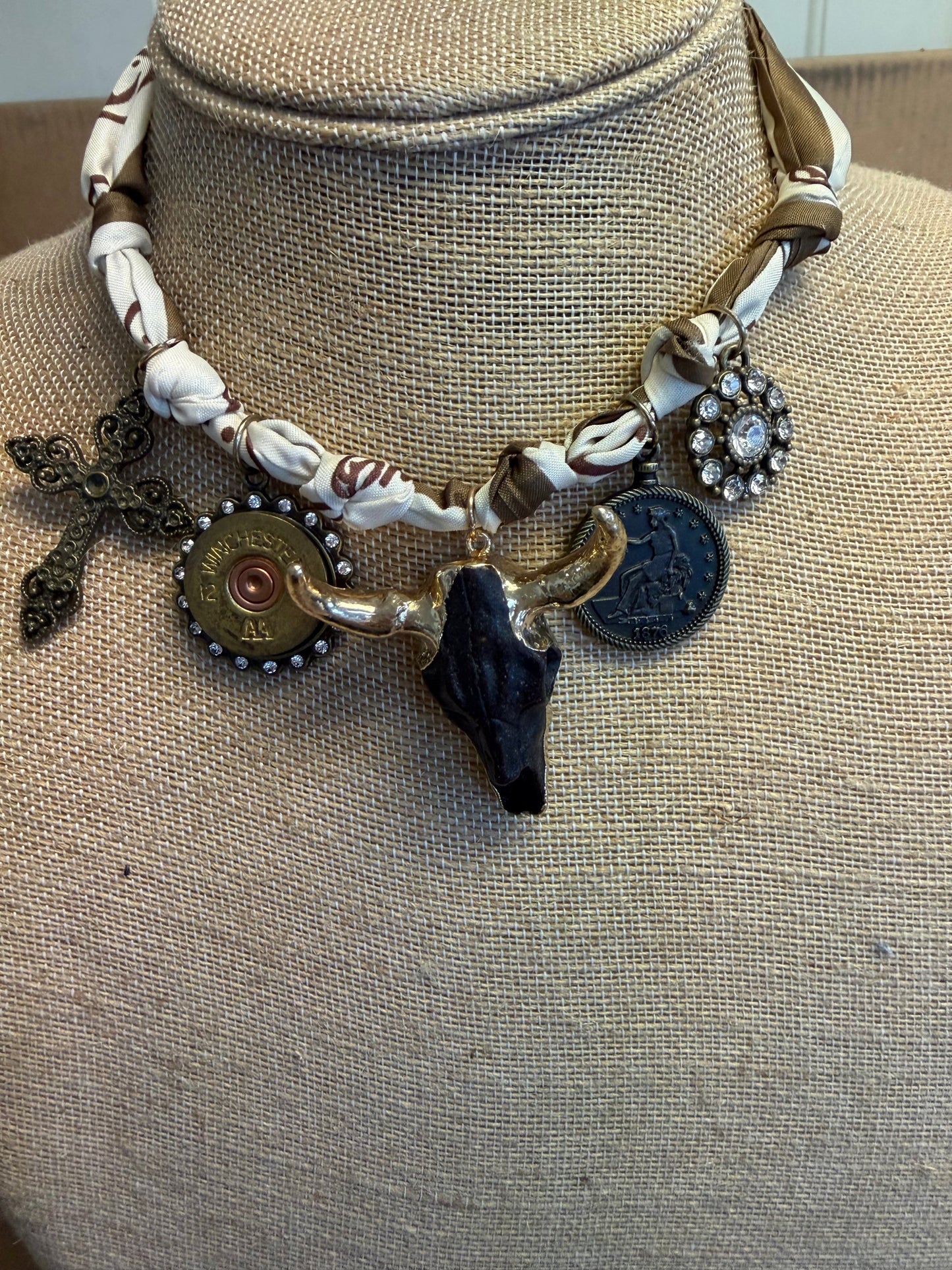 Cow Skull Charm Scarf Necklace