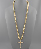 Leah Worn Gold Metal Bamboo Cross and Natural Wooden Necklace