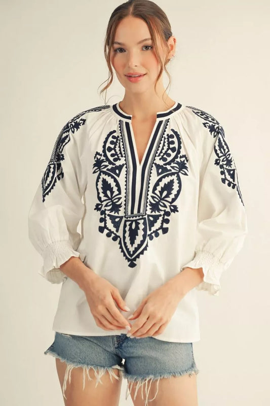 Tonya Emb Peasant Top
