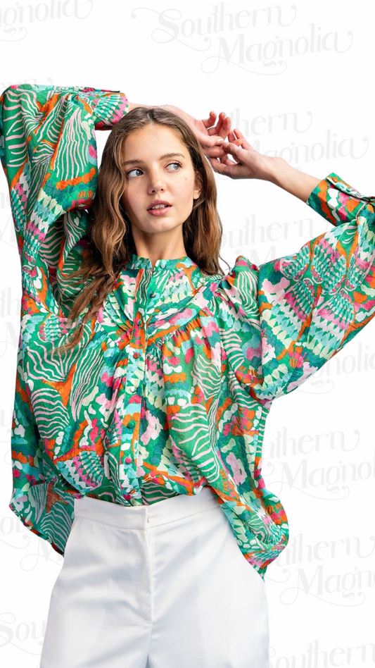 Jade Printed Bubble sleeve Top