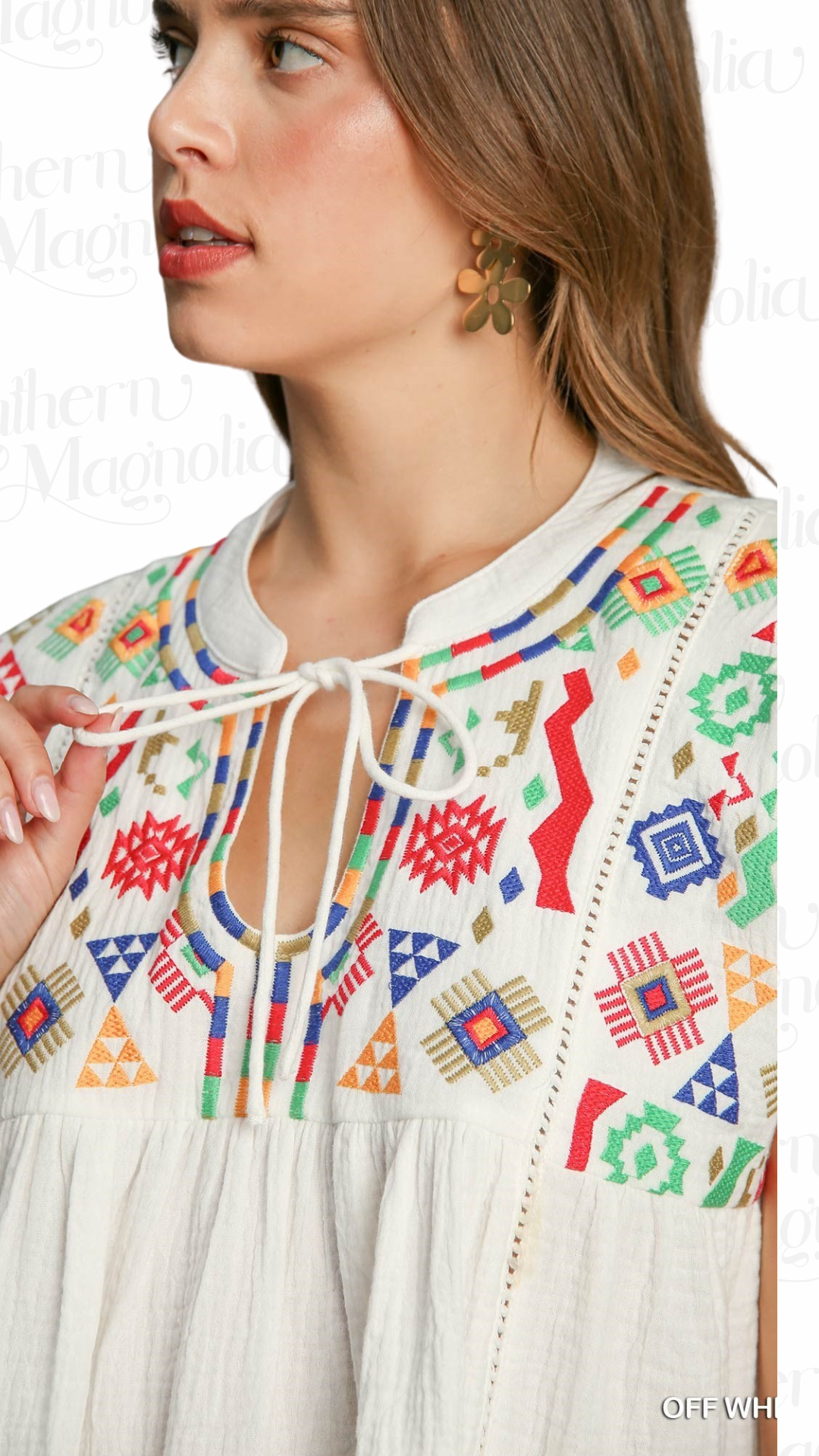 Aztec Embroidery Front Tie Top