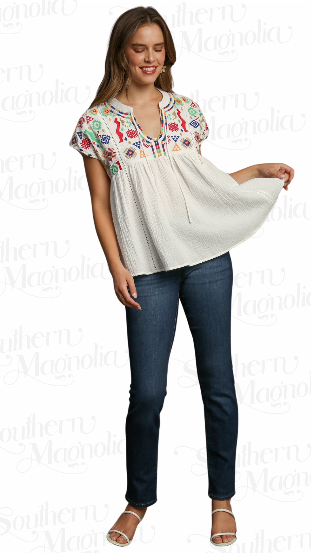 Aztec Embroidery Front Tie Top