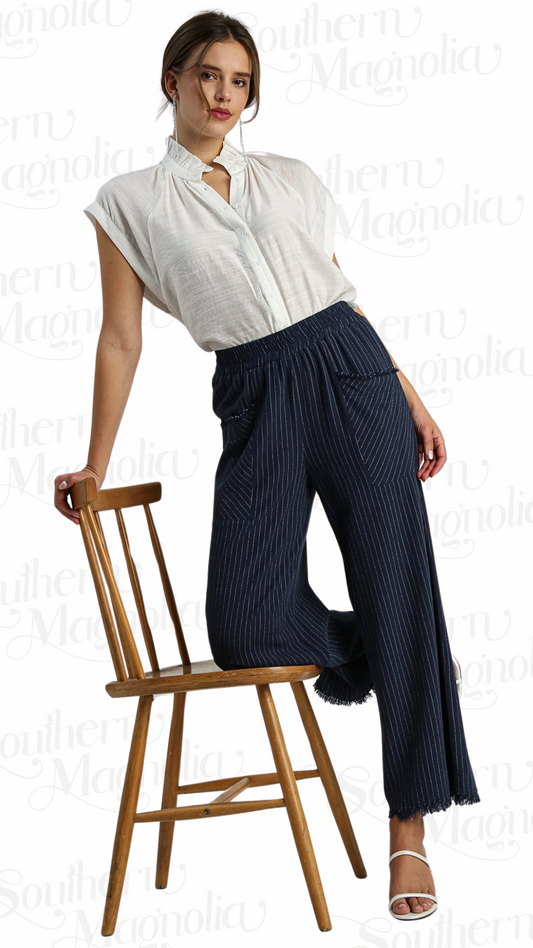 Carrington Navy Wide Leg Pants w/ Pin Stripe