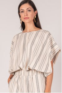 Suzy Print Linen Billowy Top, Taupe/Navy