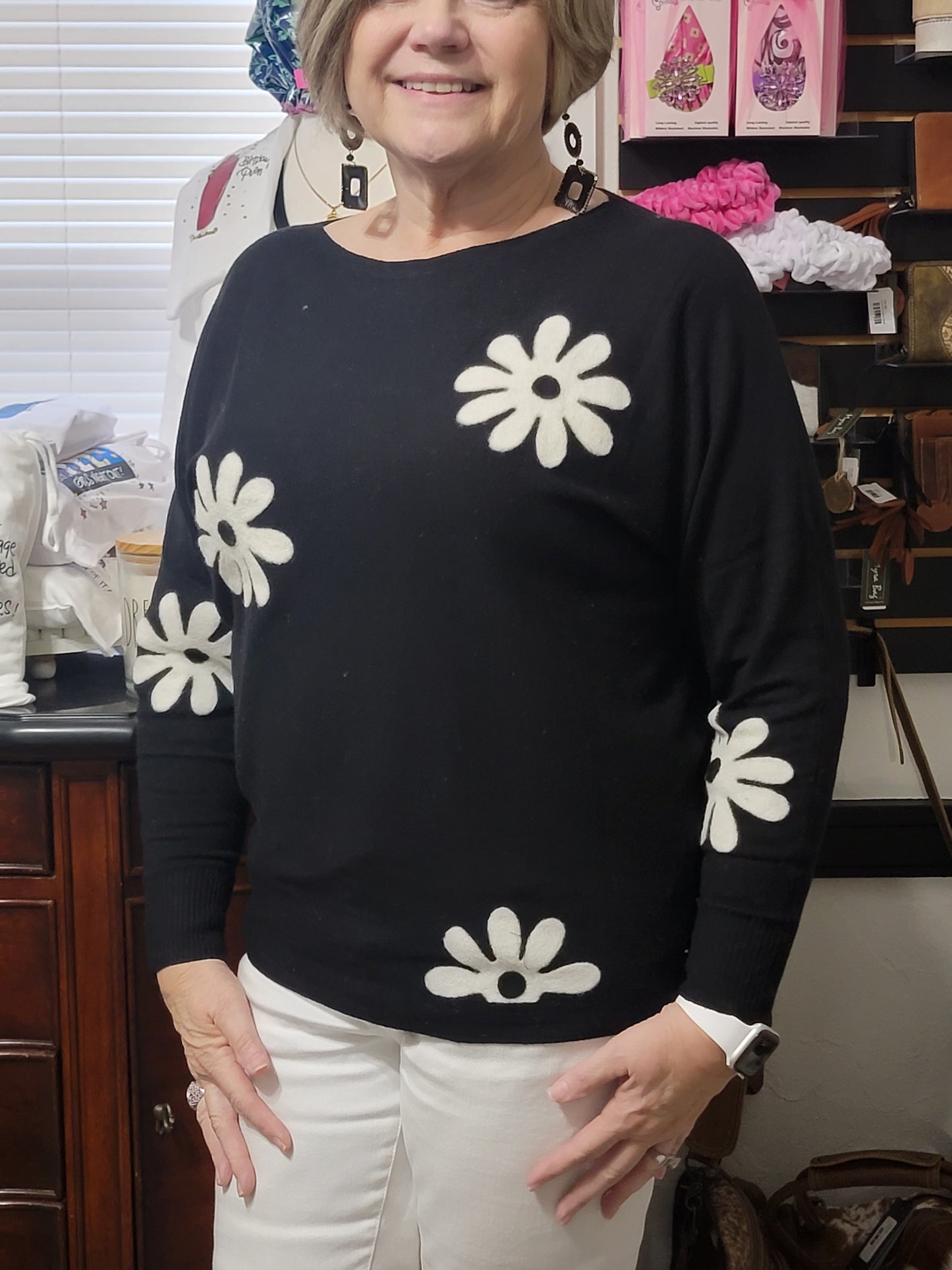 Blanche Black Sweater with White Flowers