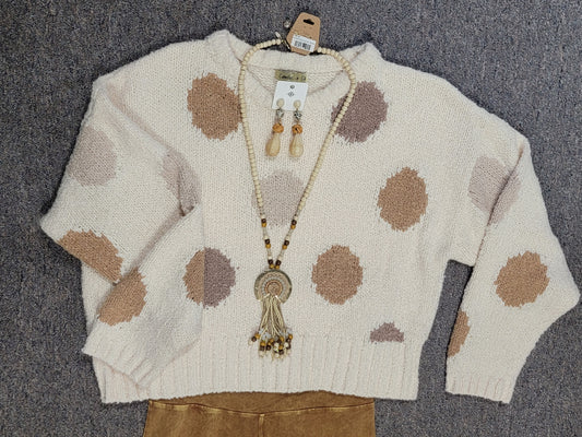 Tandy Tan Sweater with Brown Dots