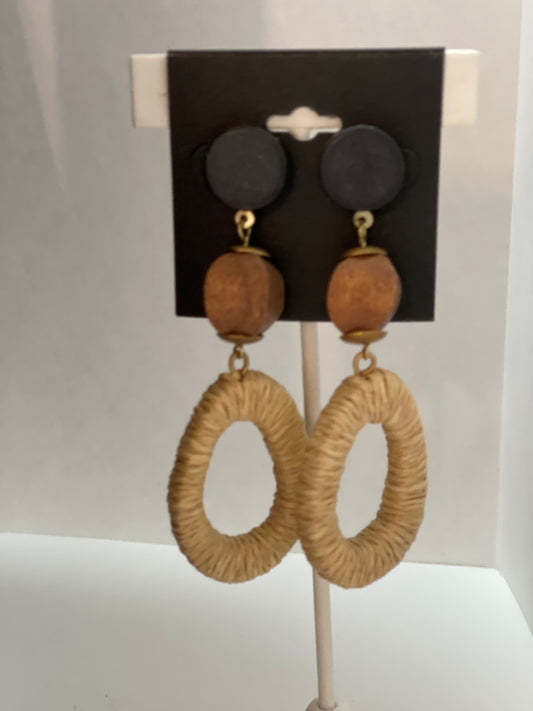 3 tier Wood and Wicker Dangle Earrings