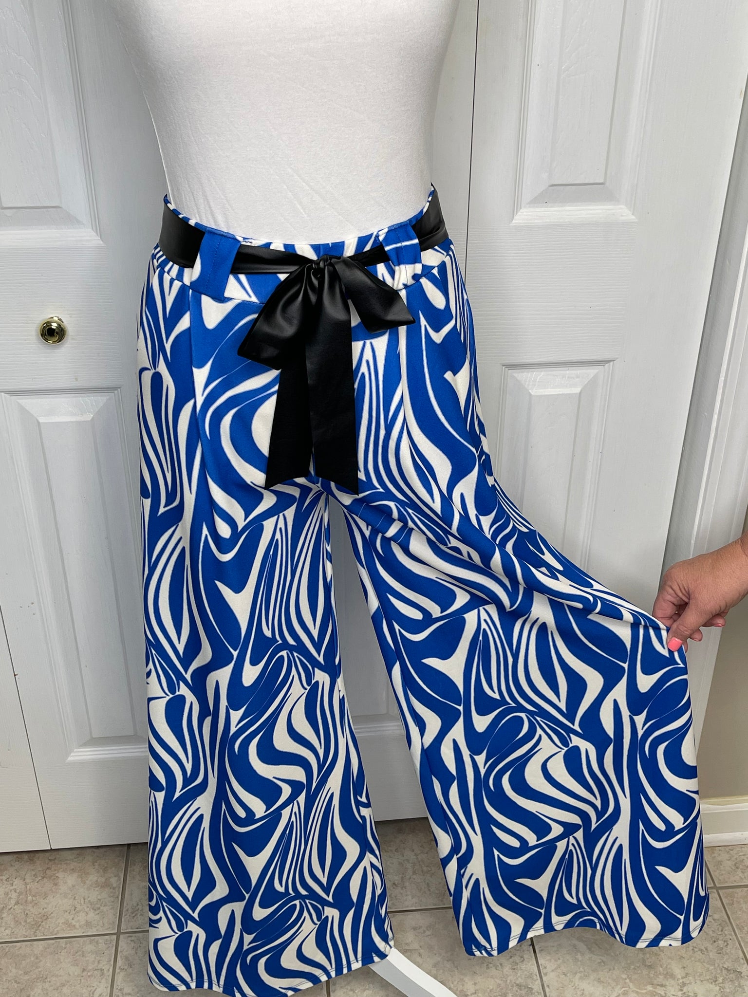 Navy blue and off-white zebra-print wide-leg pants